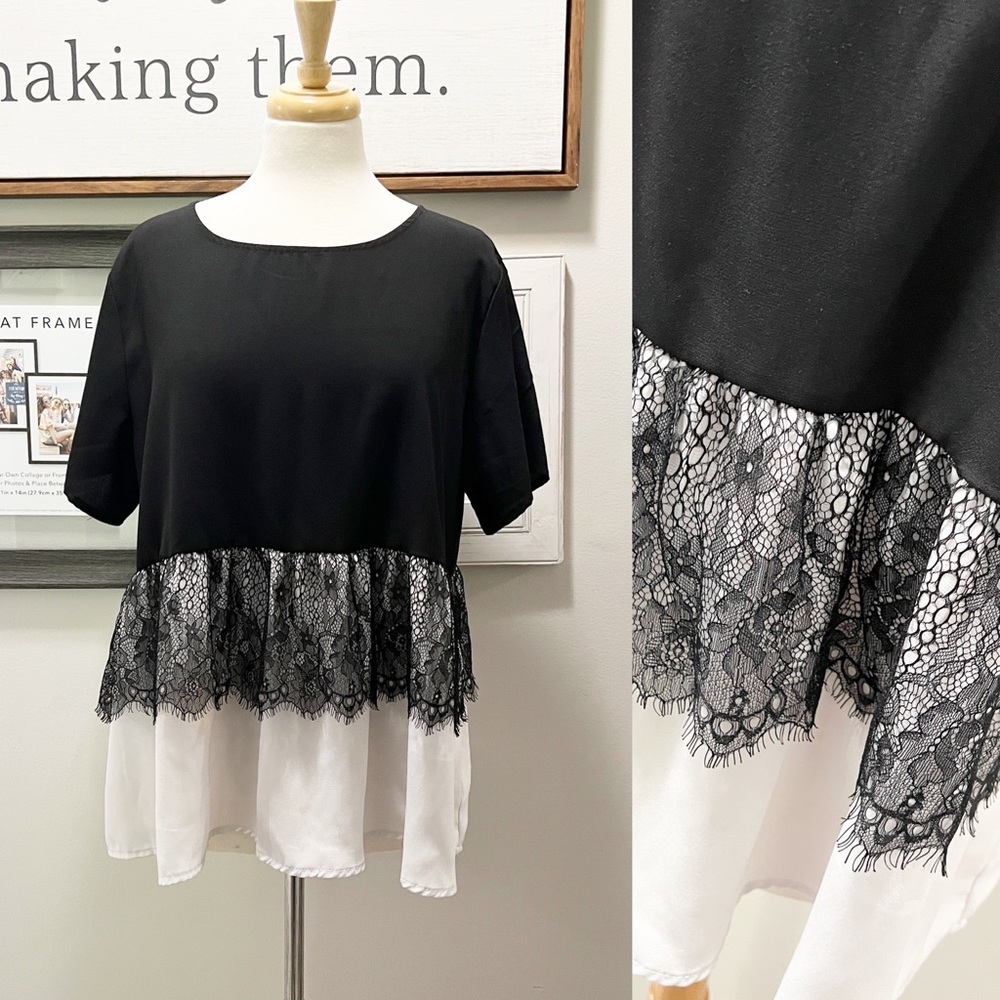 Black/White Lace Detail Blouse 1X
